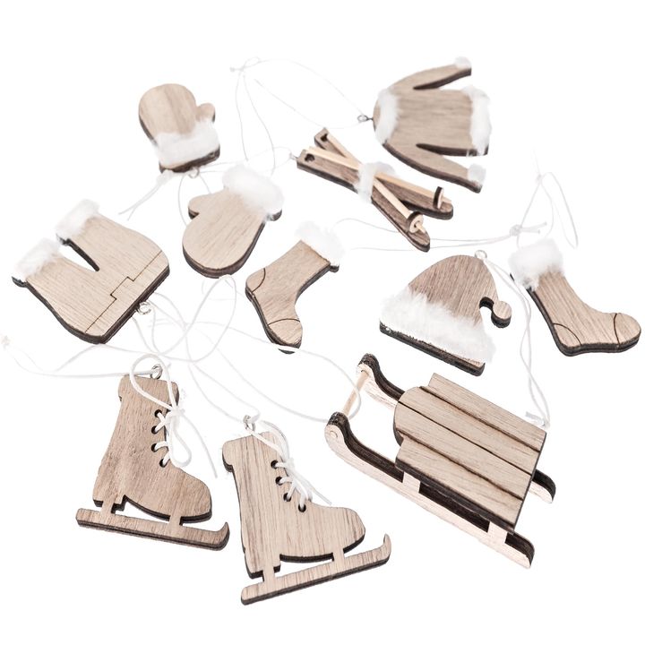 Ξύλινα διακοσμητικά στολίδια με χριστουγεννιάτικα μοτίβα 12 τμχ  | φυσικό χρώμα